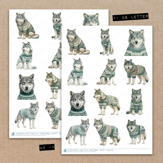 A4 and US Letter format comparison showing Christmas Wolf in Jumper fussy cut pages for print and cut crafting