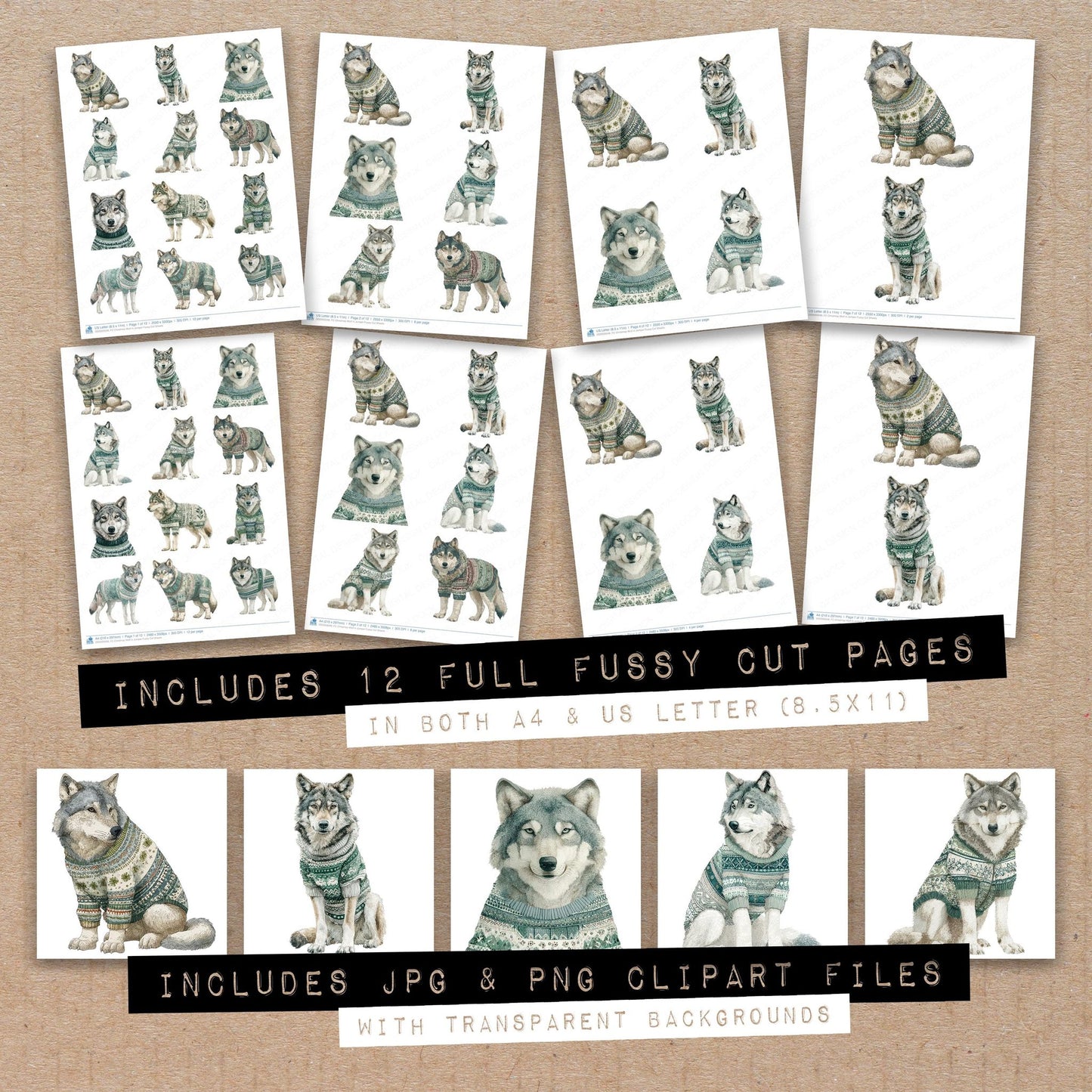 Full collection view of Christmas Wolf in Jumper fussy cut sheets with bonus clipart JPG and PNG files