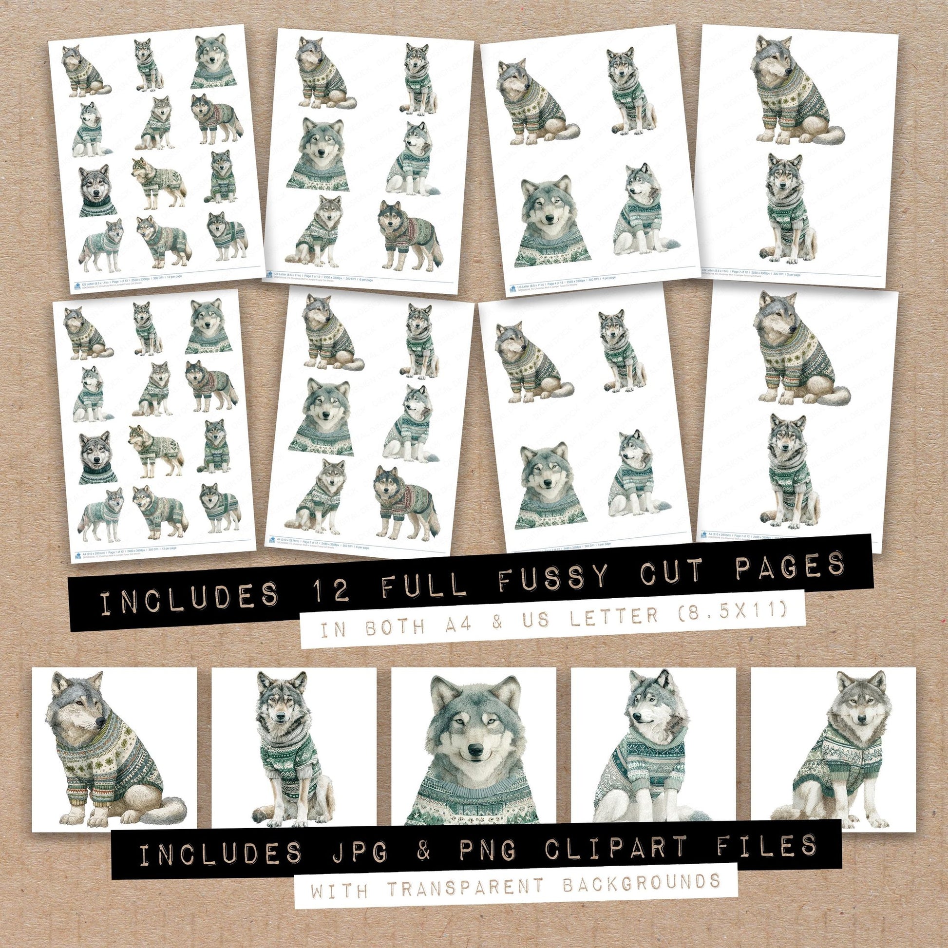 Full collection view of Christmas Wolf in Jumper fussy cut sheets with bonus clipart JPG and PNG files