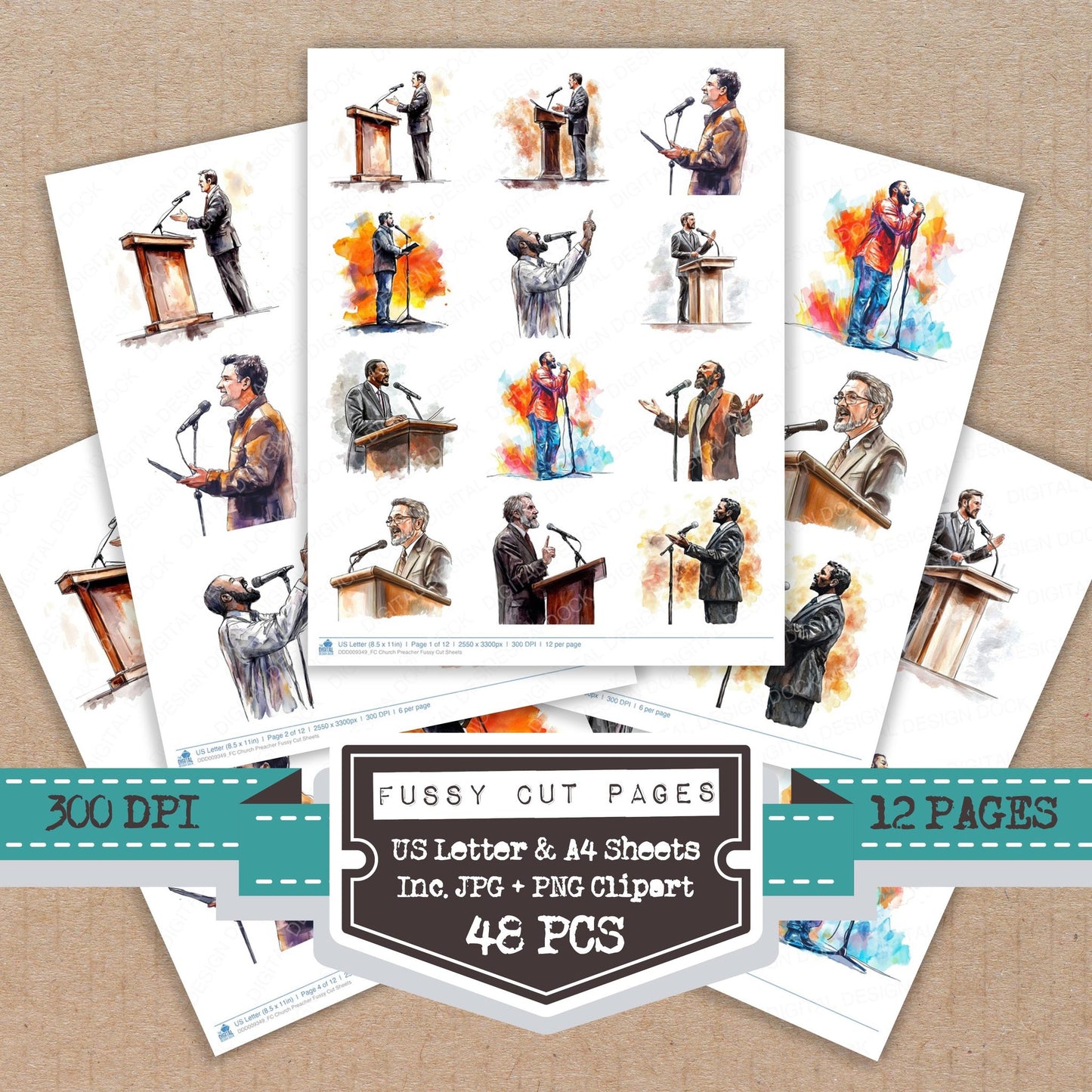 Church Preacher fussy cut printable sheets for junk journaling, scrapbooking, and paper craft projects