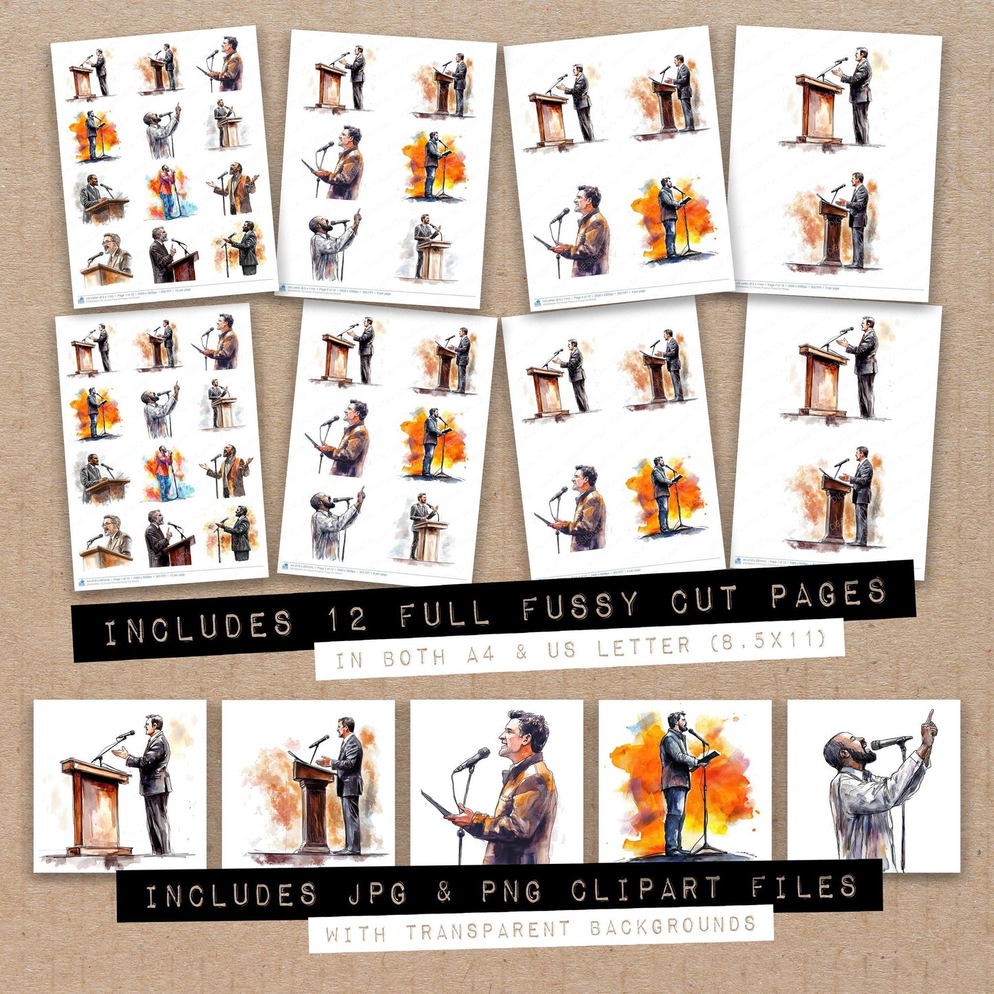 Full collection view of Church Preacher fussy cut sheets with bonus clipart JPG and PNG files