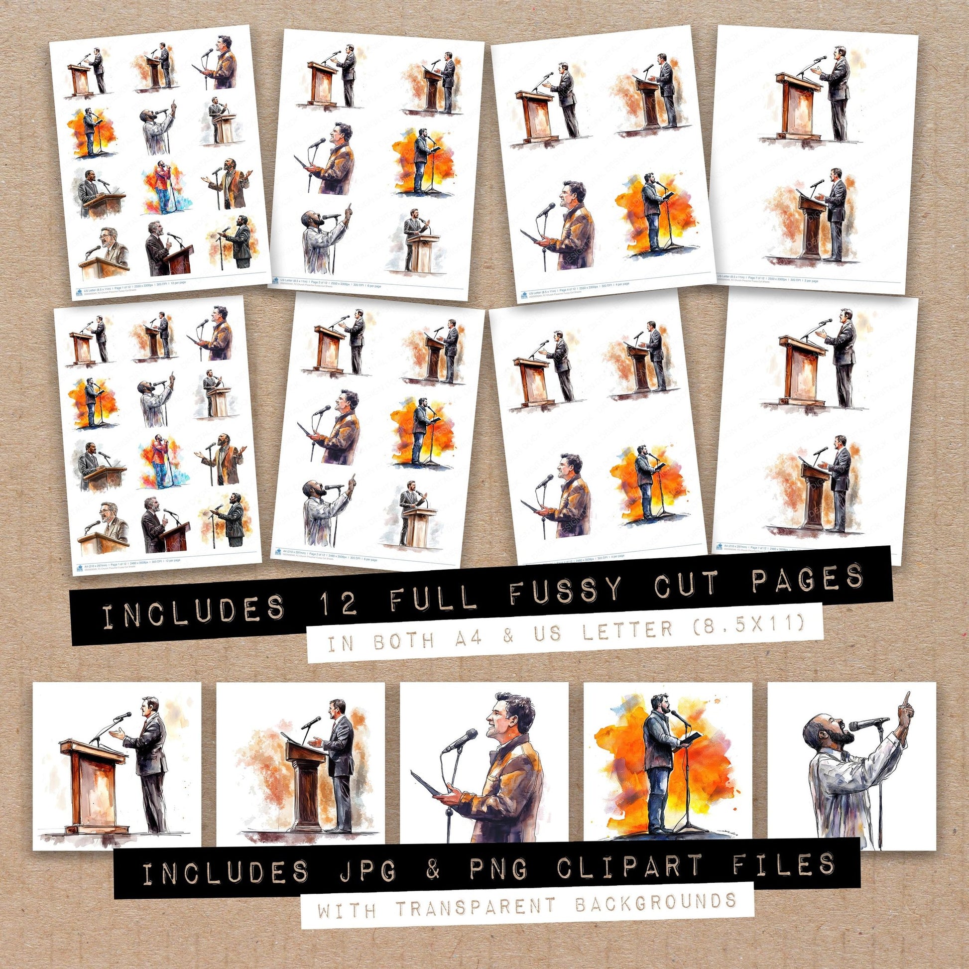 Full collection view of Church Preacher fussy cut sheets with bonus clipart JPG and PNG files