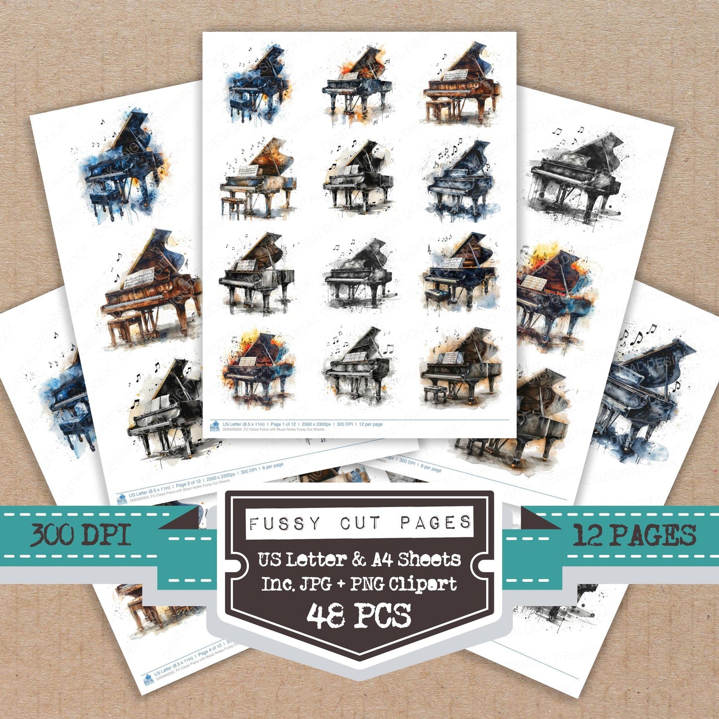 Classi Piano with Music Notes fussy cut printable sheets for junk journaling, scrapbooking, and paper craft projects