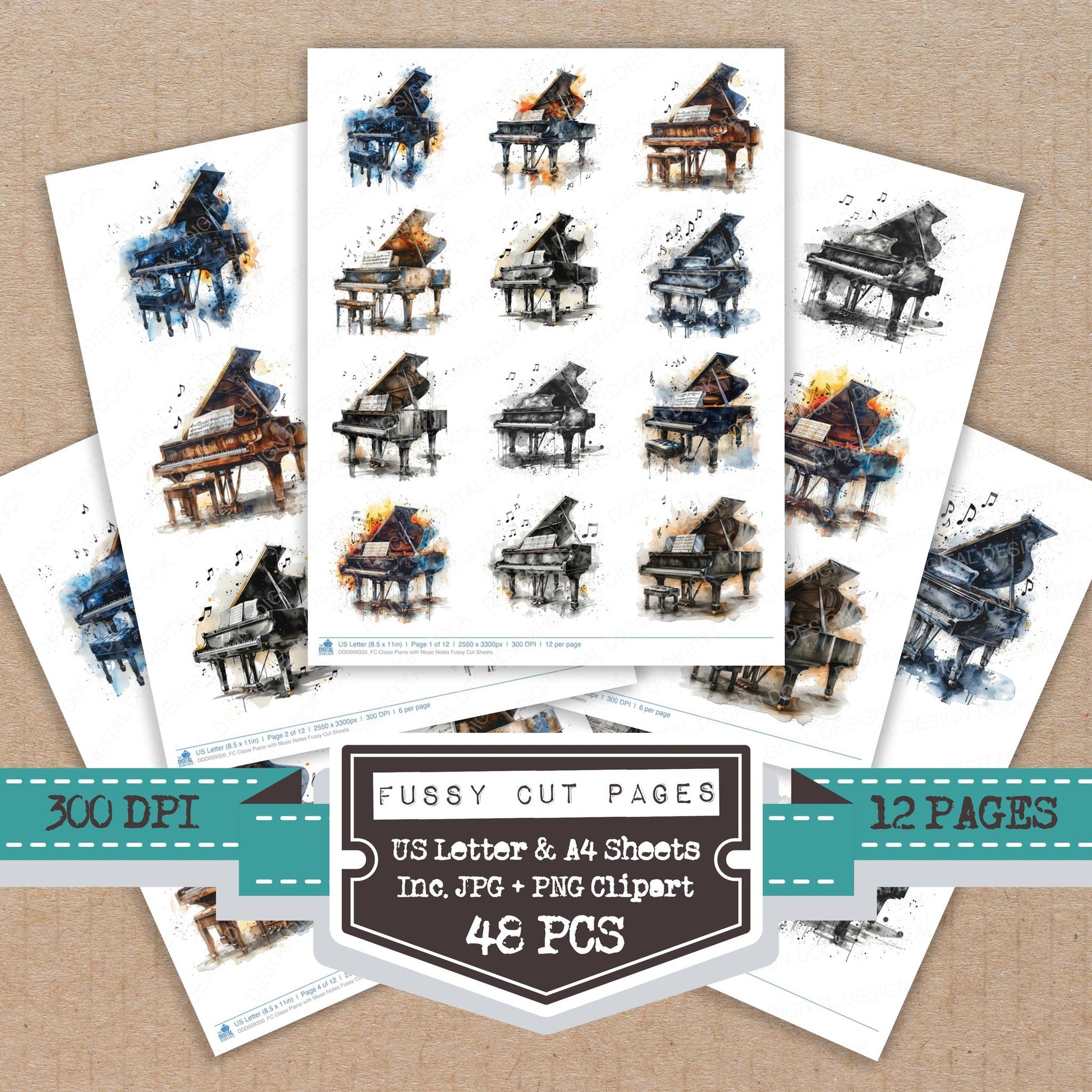 Classi Piano with Music Notes fussy cut printable sheets for junk journaling, scrapbooking, and paper craft projects