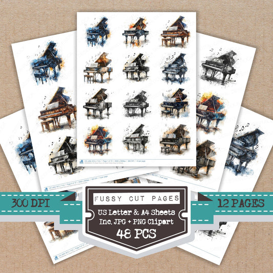 Classi Piano with Music Notes fussy cut printable sheets for junk journaling, scrapbooking, and paper craft projects