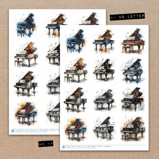 A4 and US Letter format comparison showing Classi Piano with Music Notes fussy cut pages for print and cut crafting