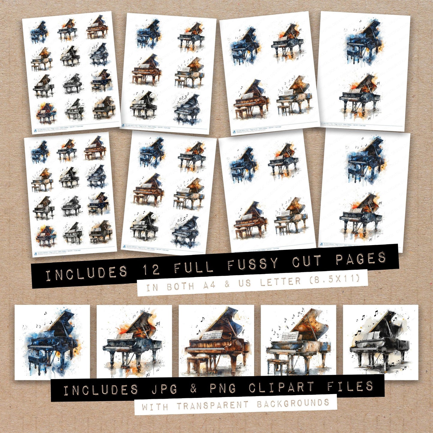 Full collection view of Classi Piano with Music Notes fussy cut sheets with bonus clipart JPG and PNG files