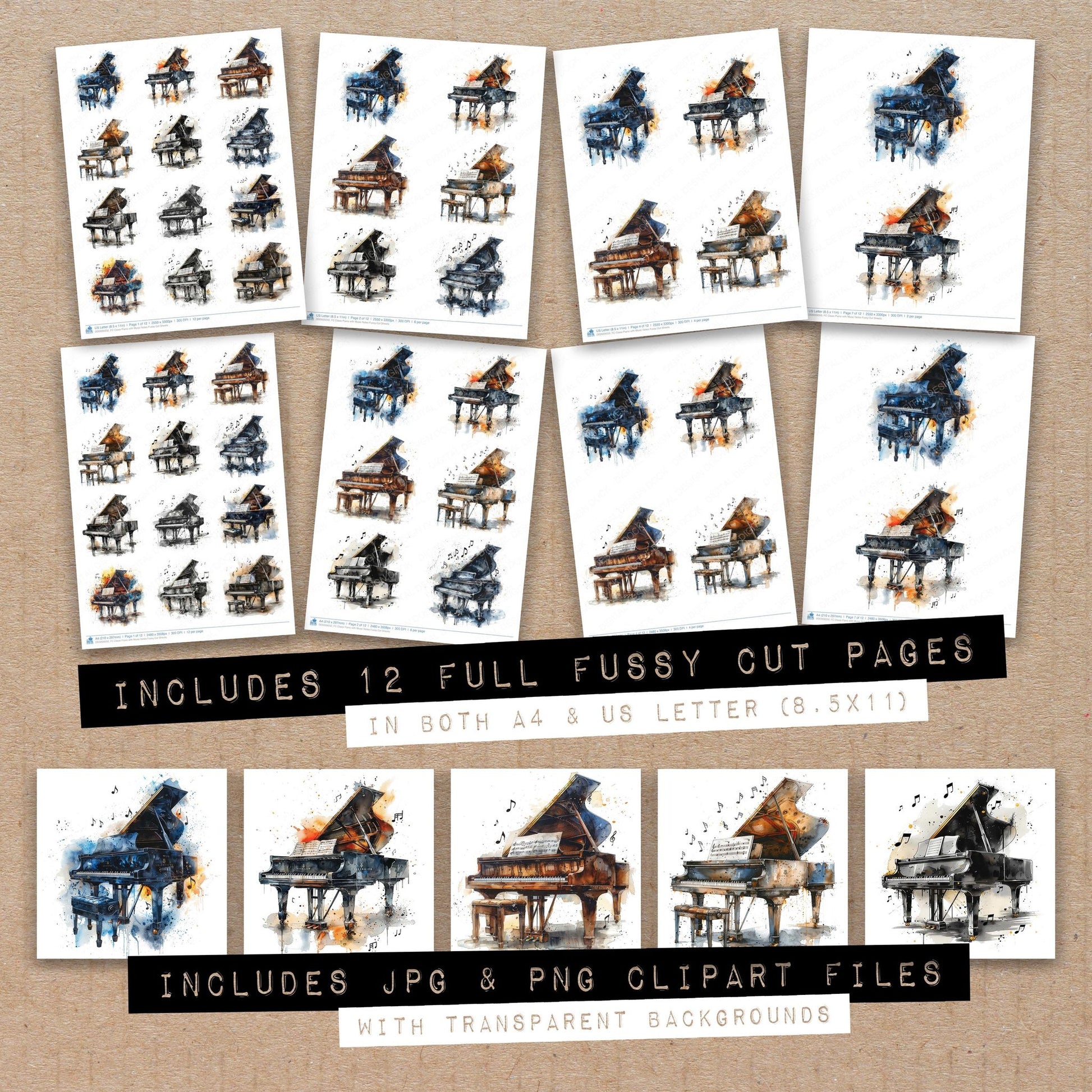 Full collection view of Classi Piano with Music Notes fussy cut sheets with bonus clipart JPG and PNG files