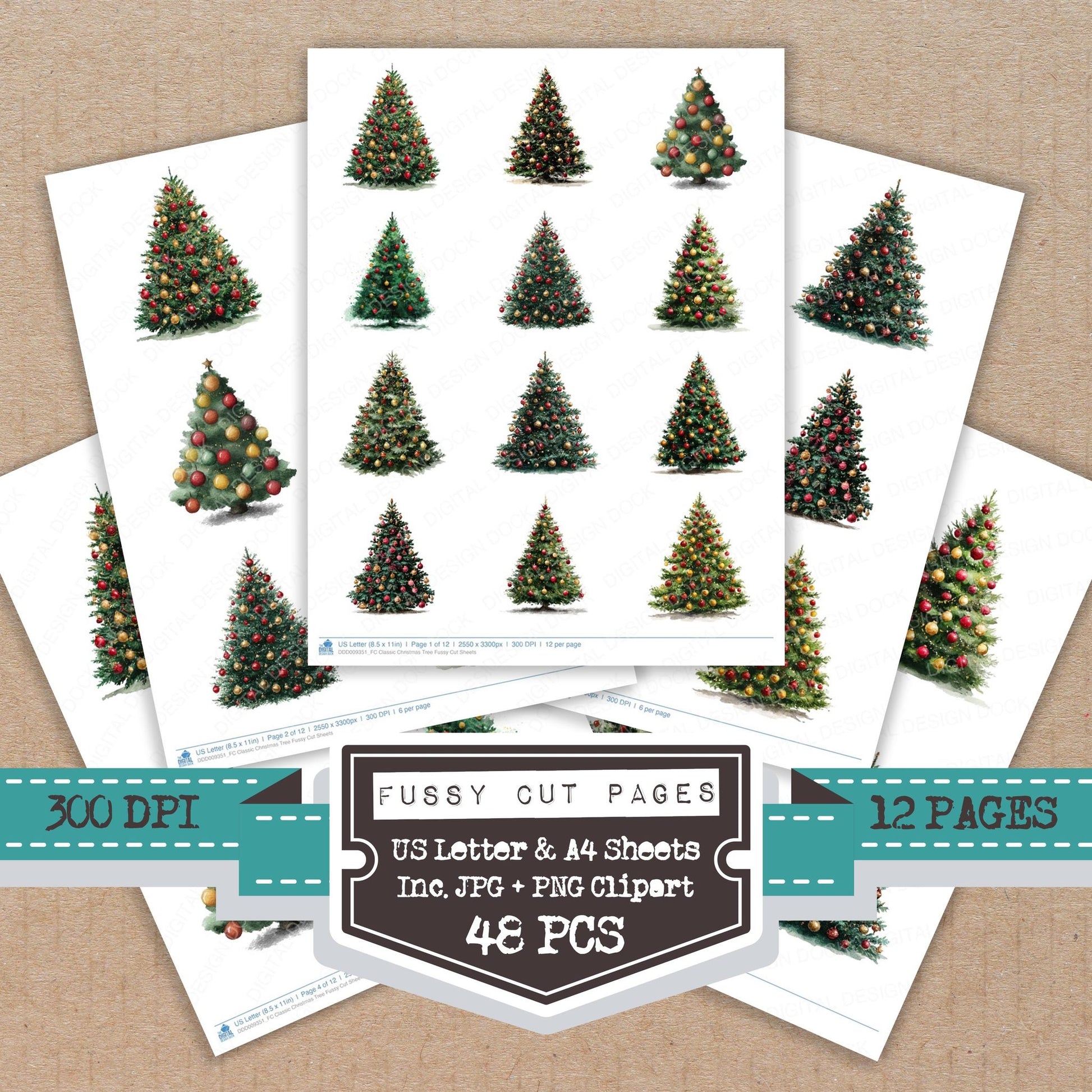 Classic Christmas Tree fussy cut printable sheets for junk journaling, scrapbooking, and paper craft projects