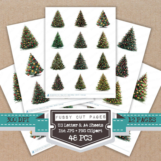 Classic Christmas Tree fussy cut printable sheets for junk journaling, scrapbooking, and paper craft projects