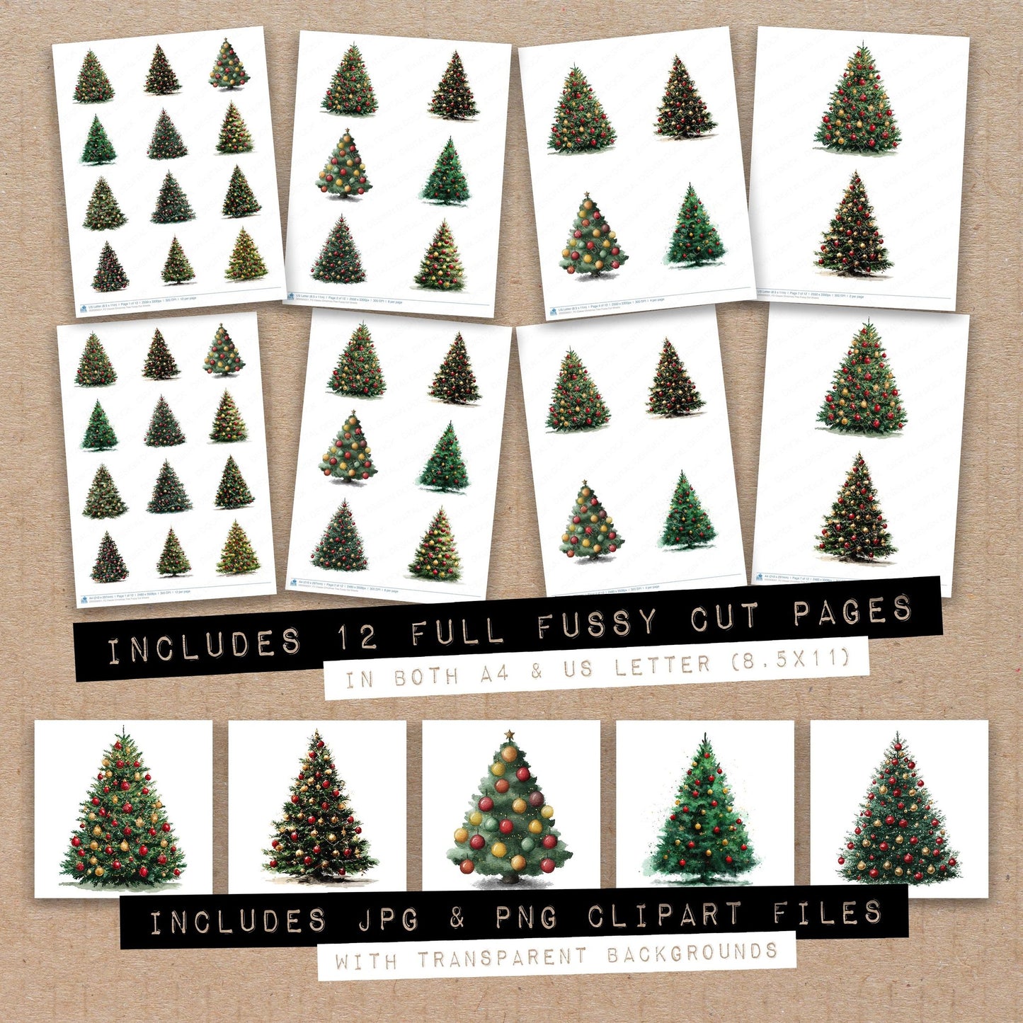 Full collection view of Classic Christmas Tree fussy cut sheets with bonus clipart JPG and PNG files
