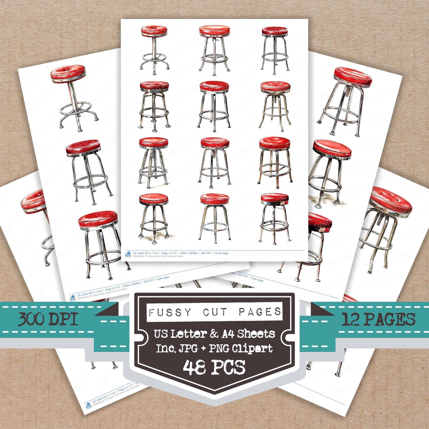 Classic Diner Stool fussy cut printable sheets for junk journaling, scrapbooking, and paper craft projects