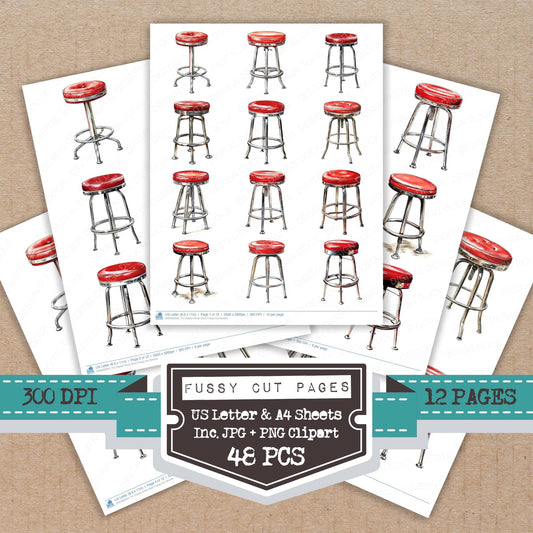 Classic Diner Stool fussy cut printable sheets for junk journaling, scrapbooking, and paper craft projects