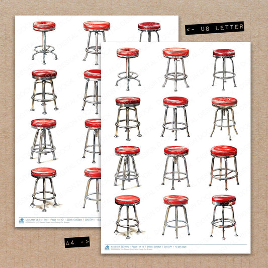 A4 and US Letter format comparison showing Classic Diner Stool fussy cut pages for print and cut crafting