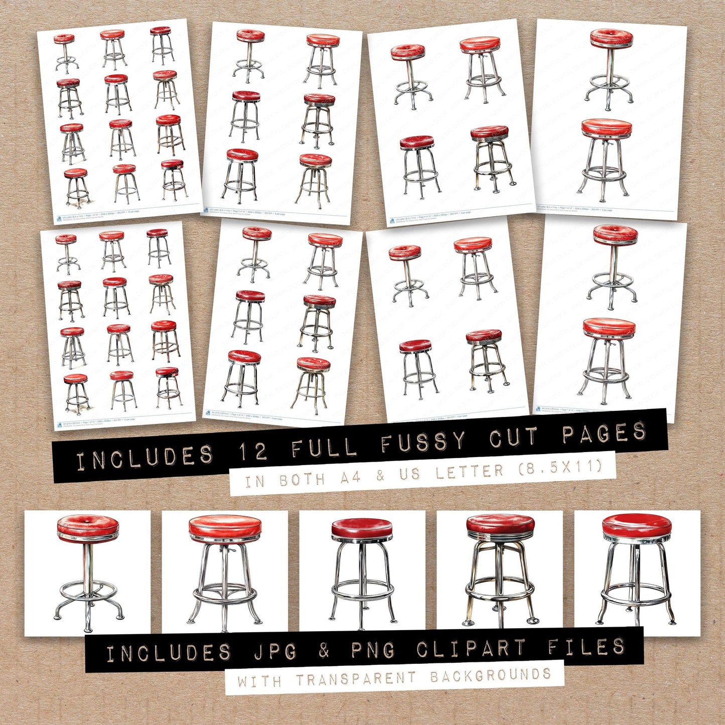 Full collection view of Classic Diner Stool fussy cut sheets with bonus clipart JPG and PNG files