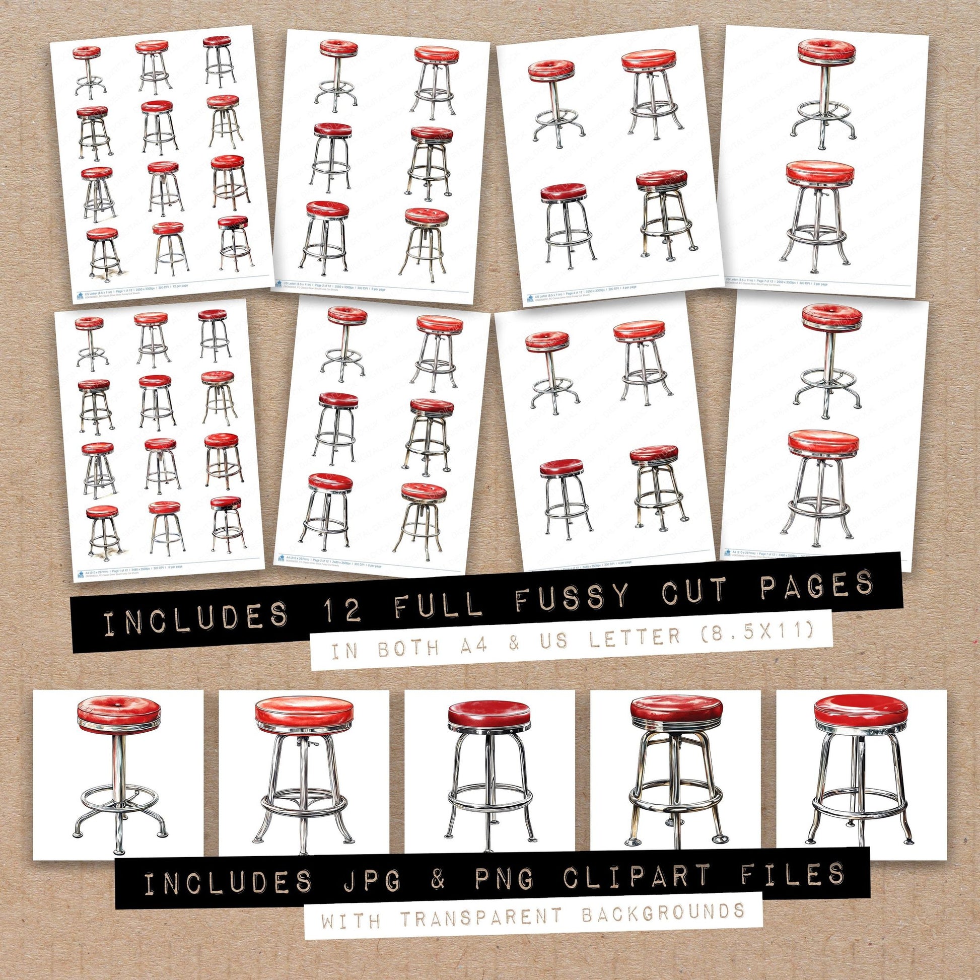 Full collection view of Classic Diner Stool fussy cut sheets with bonus clipart JPG and PNG files