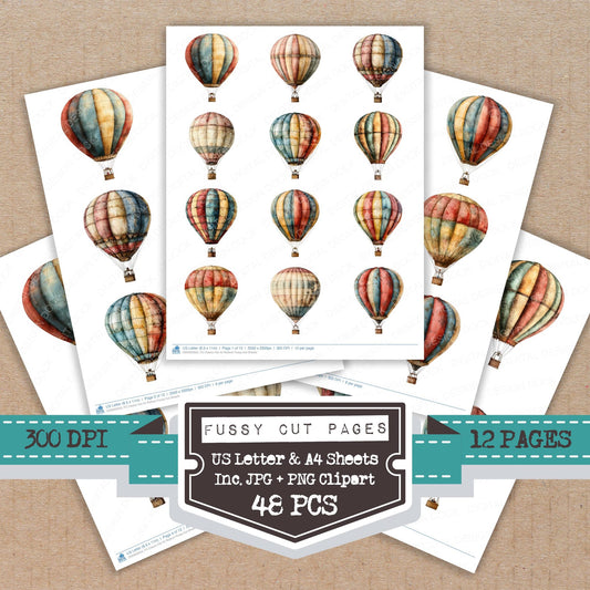 Classic Hot Air Balloon fussy cut printable sheets for junk journaling, scrapbooking, and paper craft projects