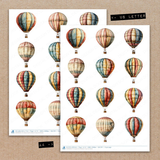A4 and US Letter format comparison showing Classic Hot Air Balloon fussy cut pages for print and cut crafting