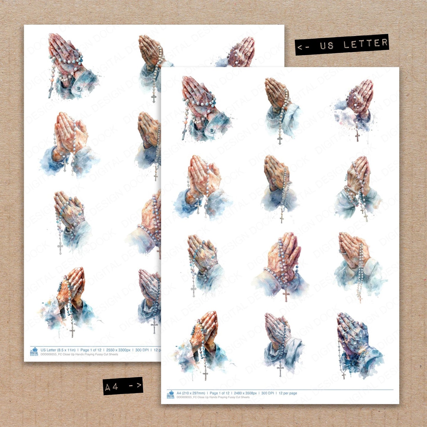 A4 and US Letter format comparison showing Close Up Hands Praying fussy cut pages for print and cut crafting