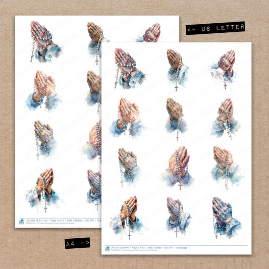 A4 and US Letter format comparison showing Close Up Hands Praying fussy cut pages for print and cut crafting