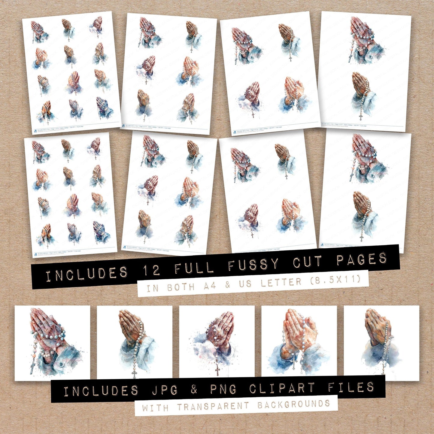Full collection view of Close Up Hands Praying fussy cut sheets with bonus clipart JPG and PNG files