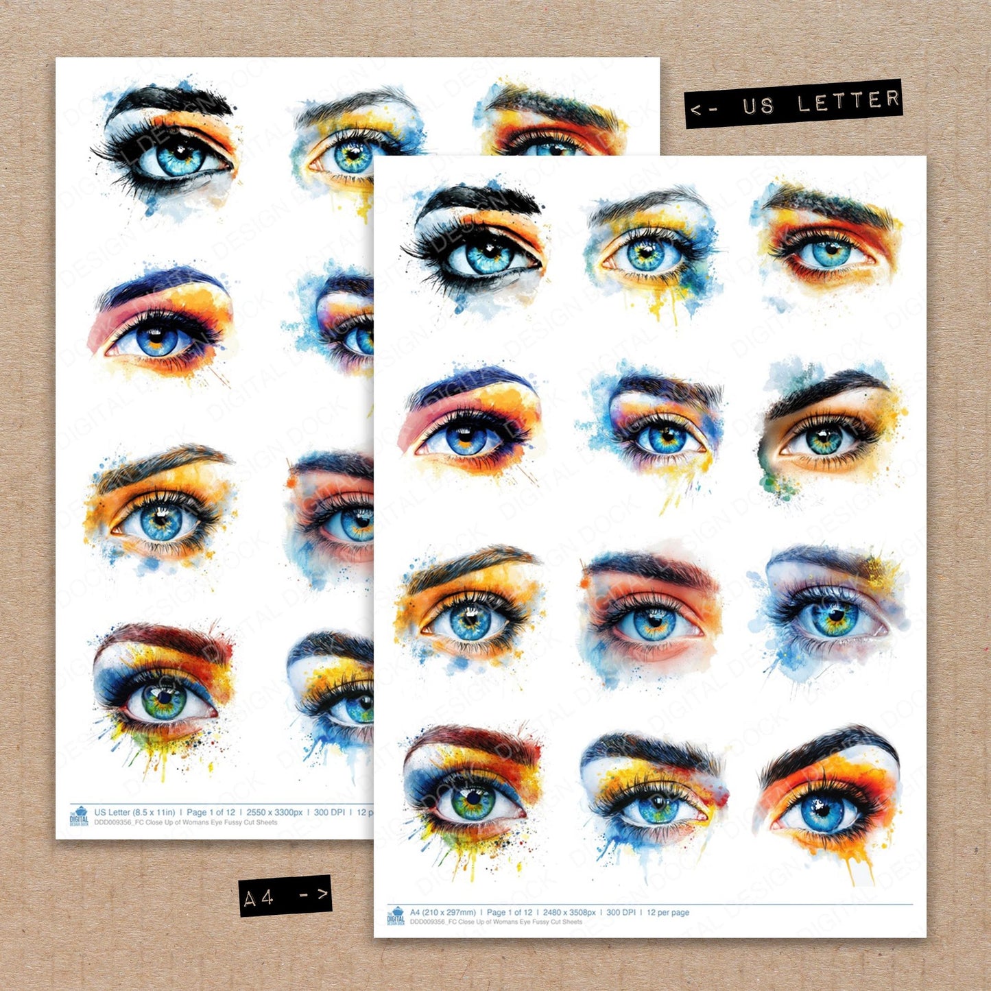A4 and US Letter format comparison showing Close Up of Womans Eye fussy cut pages for print and cut crafting