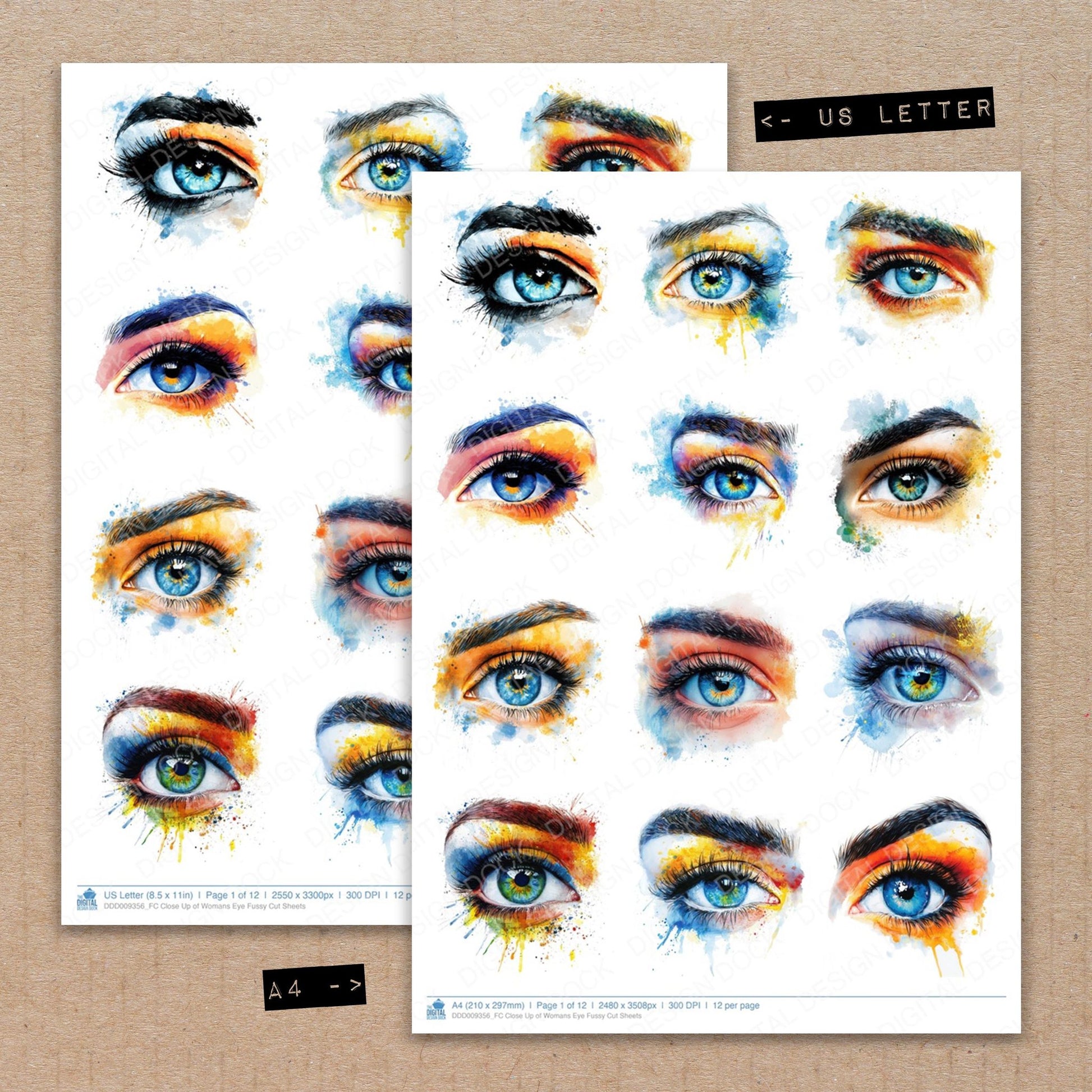 A4 and US Letter format comparison showing Close Up of Womans Eye fussy cut pages for print and cut crafting