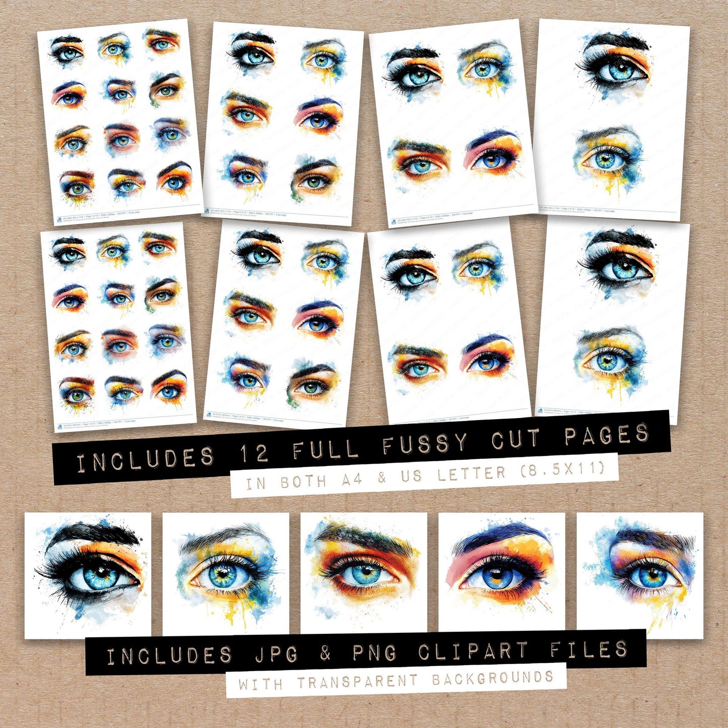 Full collection view of Close Up of Womans Eye fussy cut sheets with bonus clipart JPG and PNG files