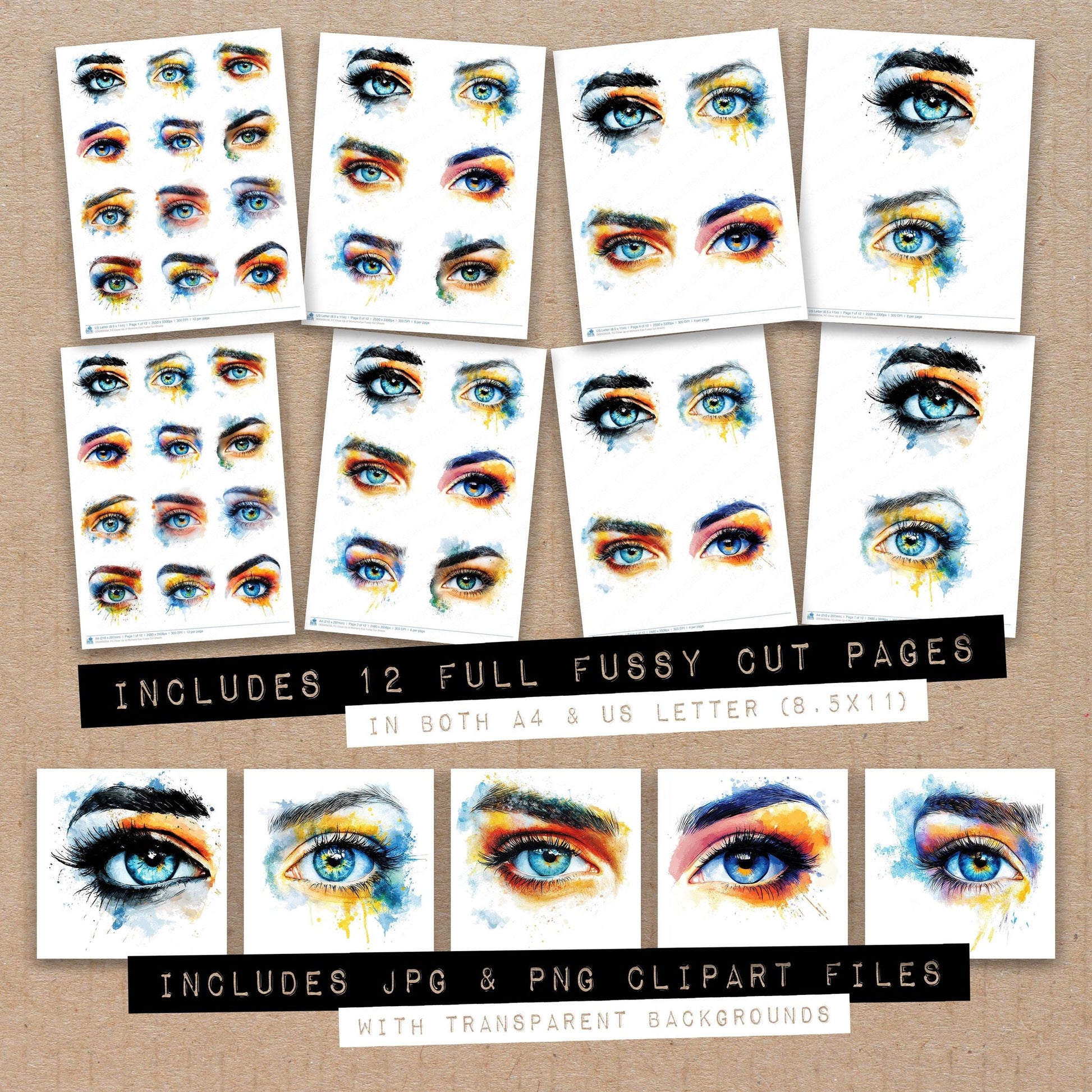 Full collection view of Close Up of Womans Eye fussy cut sheets with bonus clipart JPG and PNG files