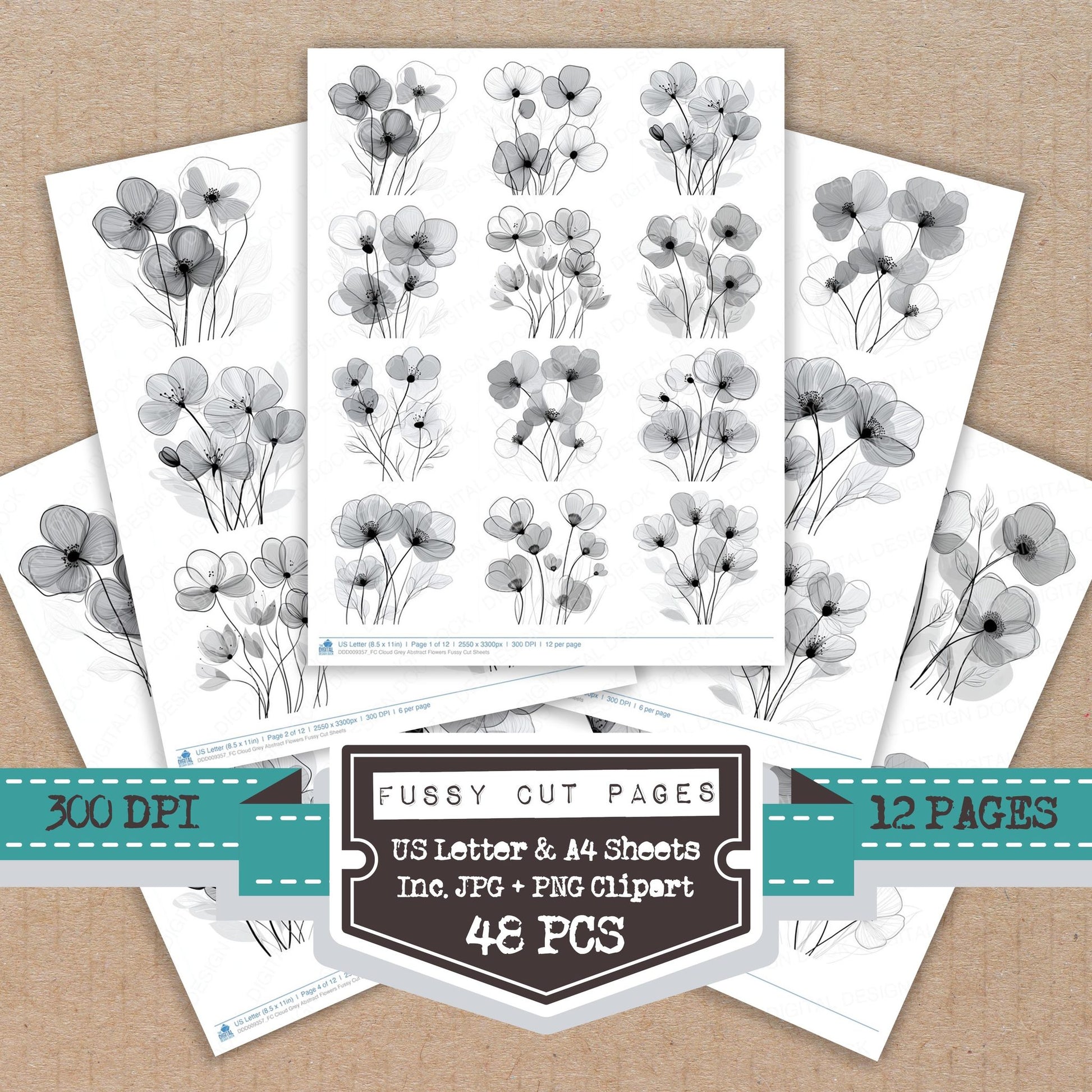 Cloud Grey Abstract Flowers fussy cut printable sheets for junk journaling, scrapbooking, and paper craft projects