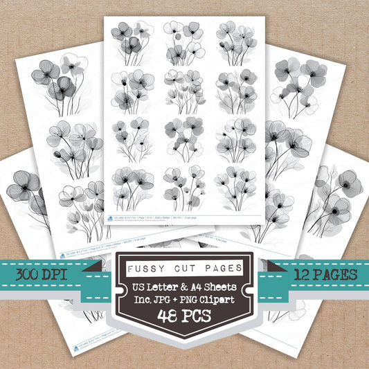 Cloud Grey Abstract Flowers fussy cut printable sheets for junk journaling, scrapbooking, and paper craft projects