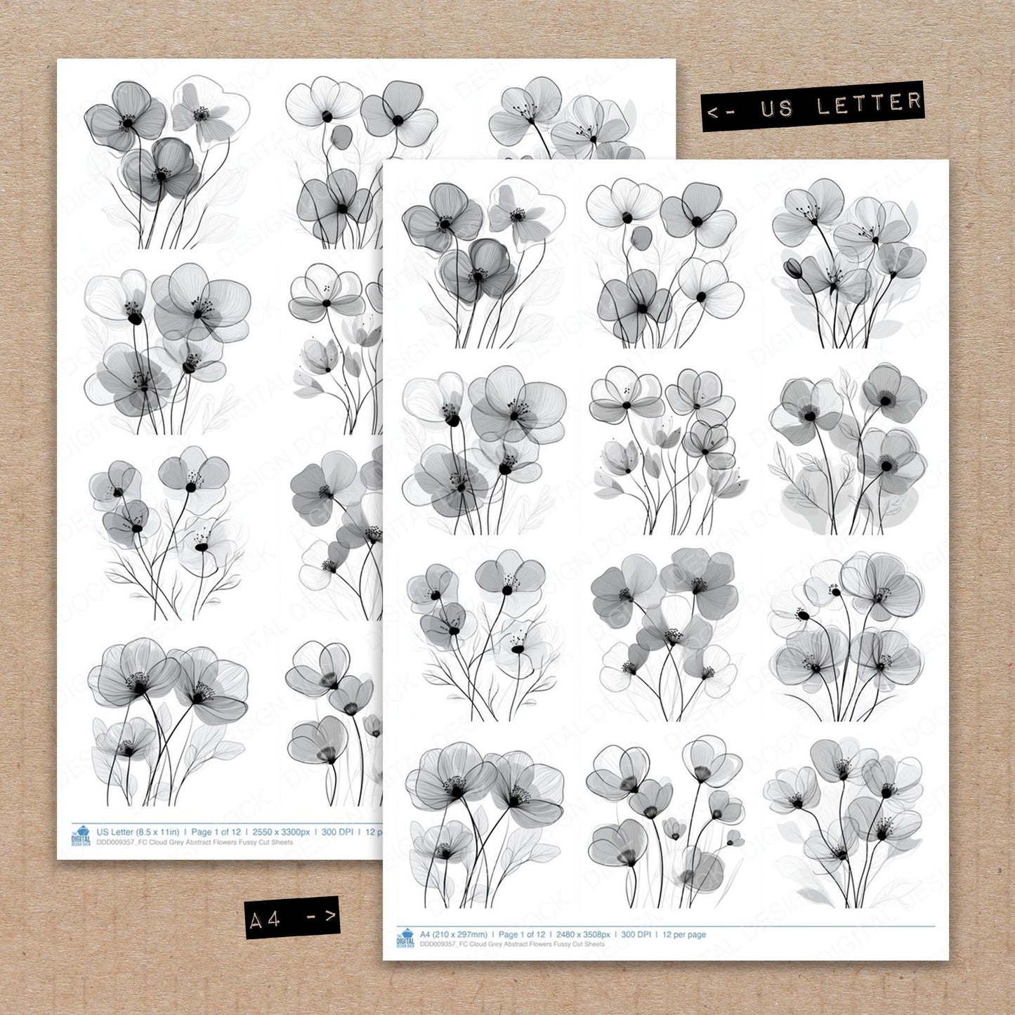A4 and US Letter format comparison showing Cloud Grey Abstract Flowers fussy cut pages for print and cut crafting