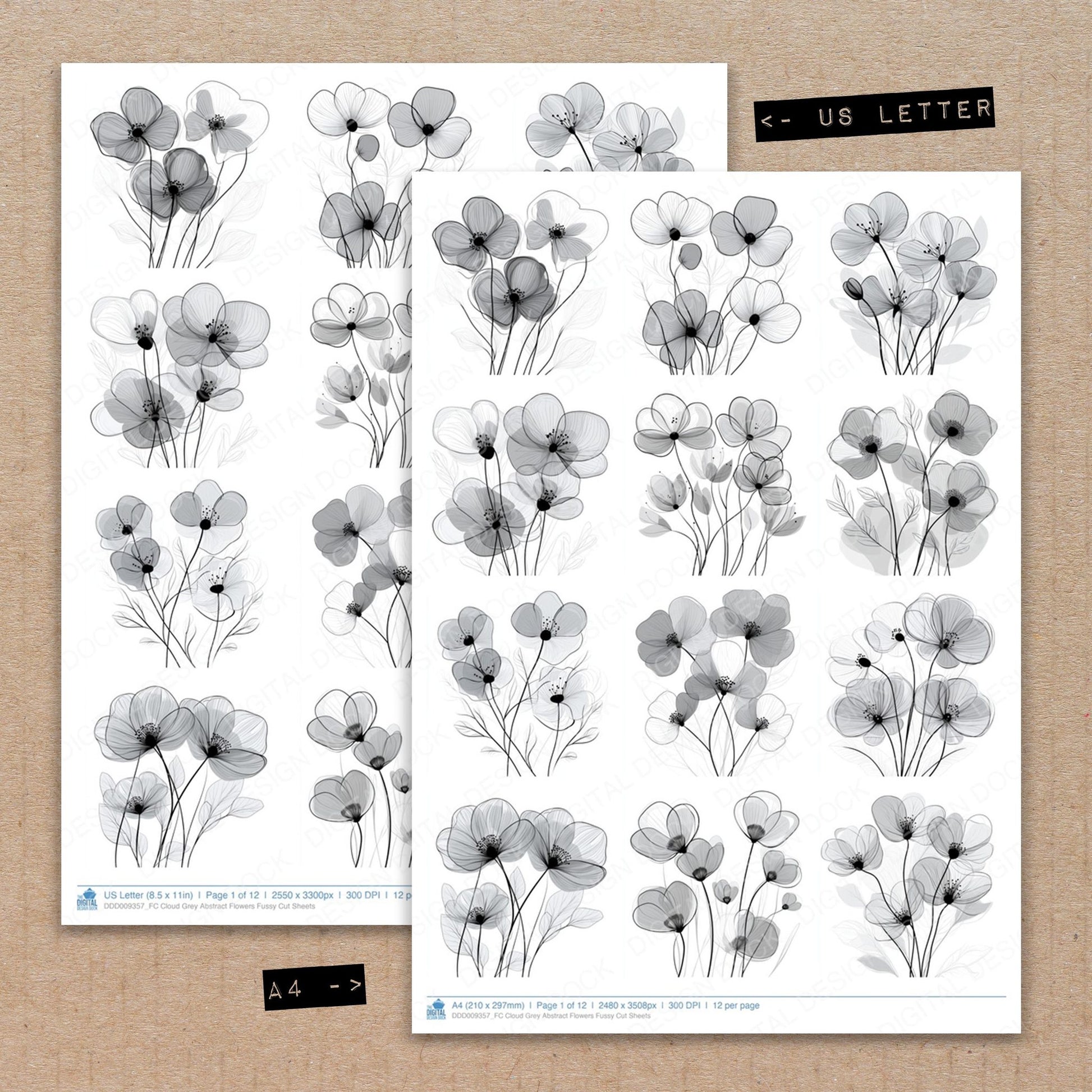 A4 and US Letter format comparison showing Cloud Grey Abstract Flowers fussy cut pages for print and cut crafting