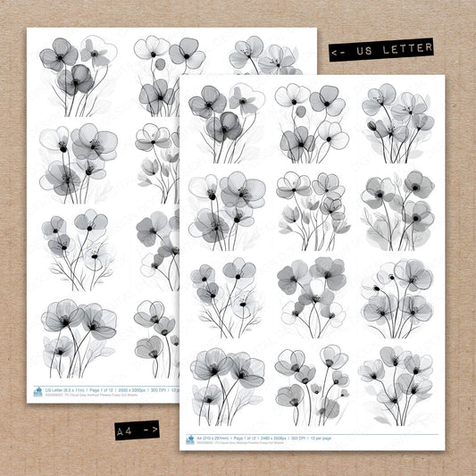A4 and US Letter format comparison showing Cloud Grey Abstract Flowers fussy cut pages for print and cut crafting