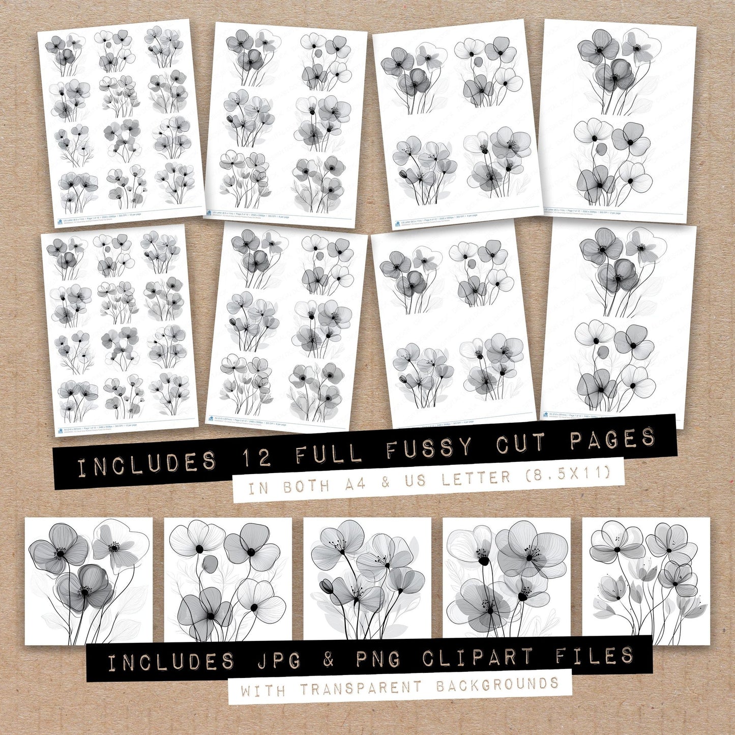 Full collection view of Cloud Grey Abstract Flowers fussy cut sheets with bonus clipart JPG and PNG files