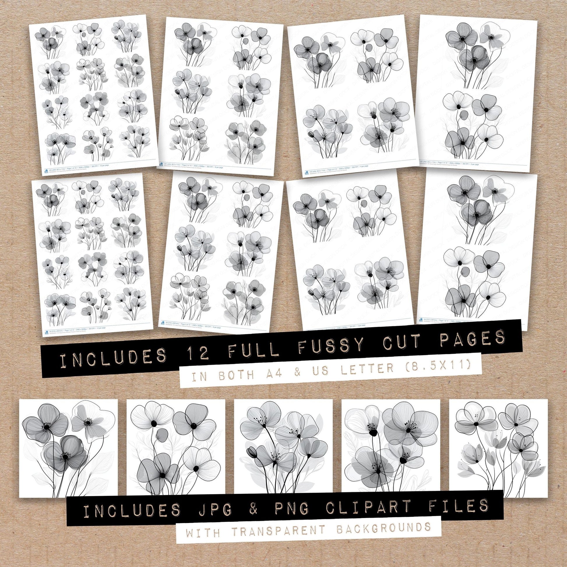 Full collection view of Cloud Grey Abstract Flowers fussy cut sheets with bonus clipart JPG and PNG files