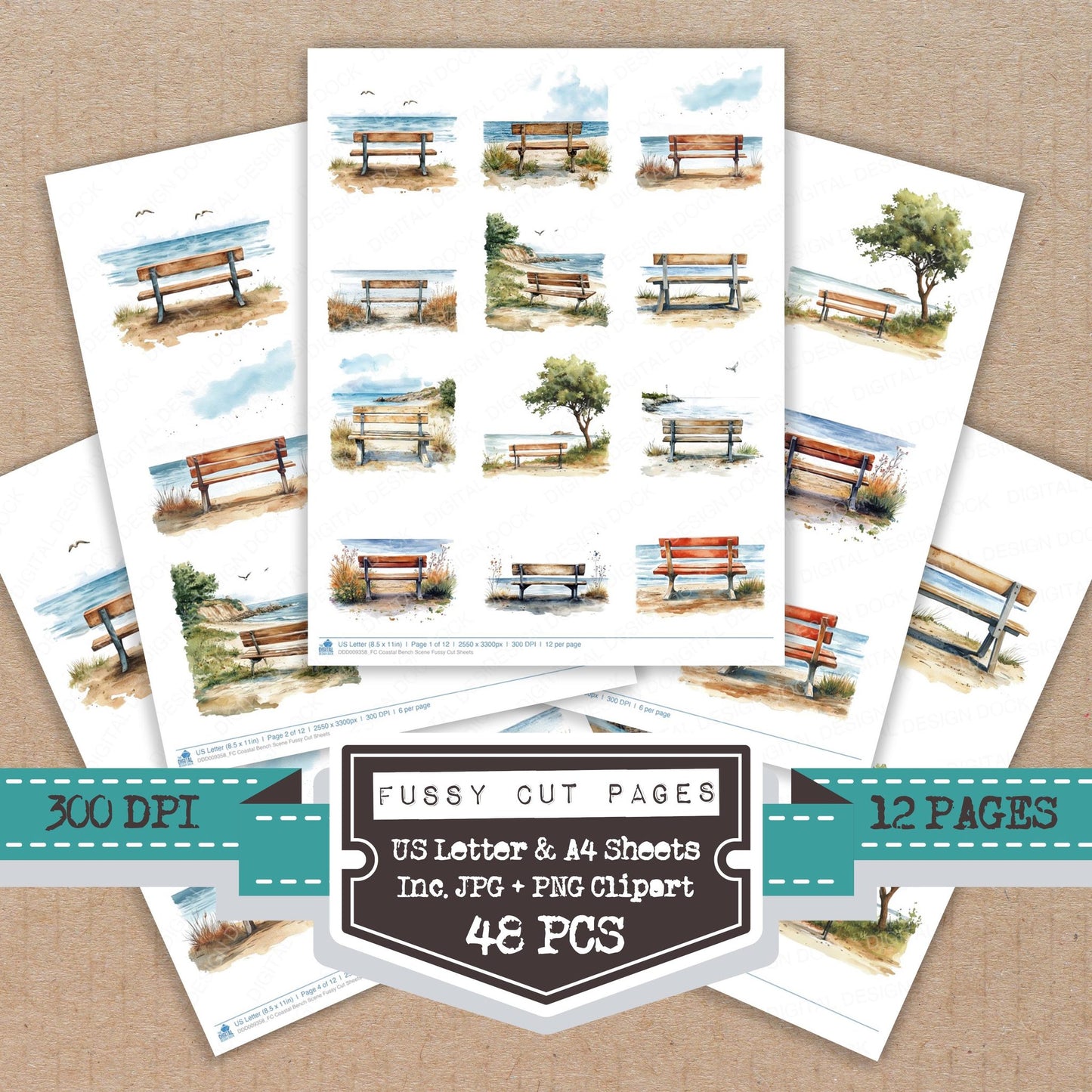 Coastal Bench Scene fussy cut printable sheets for junk journaling, scrapbooking, and paper craft projects