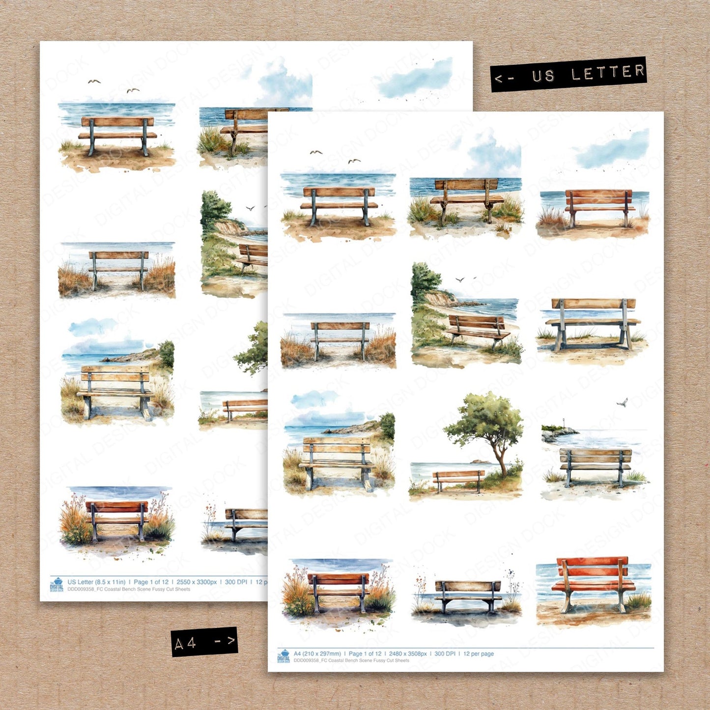 A4 and US Letter format comparison showing Coastal Bench Scene fussy cut pages for print and cut crafting