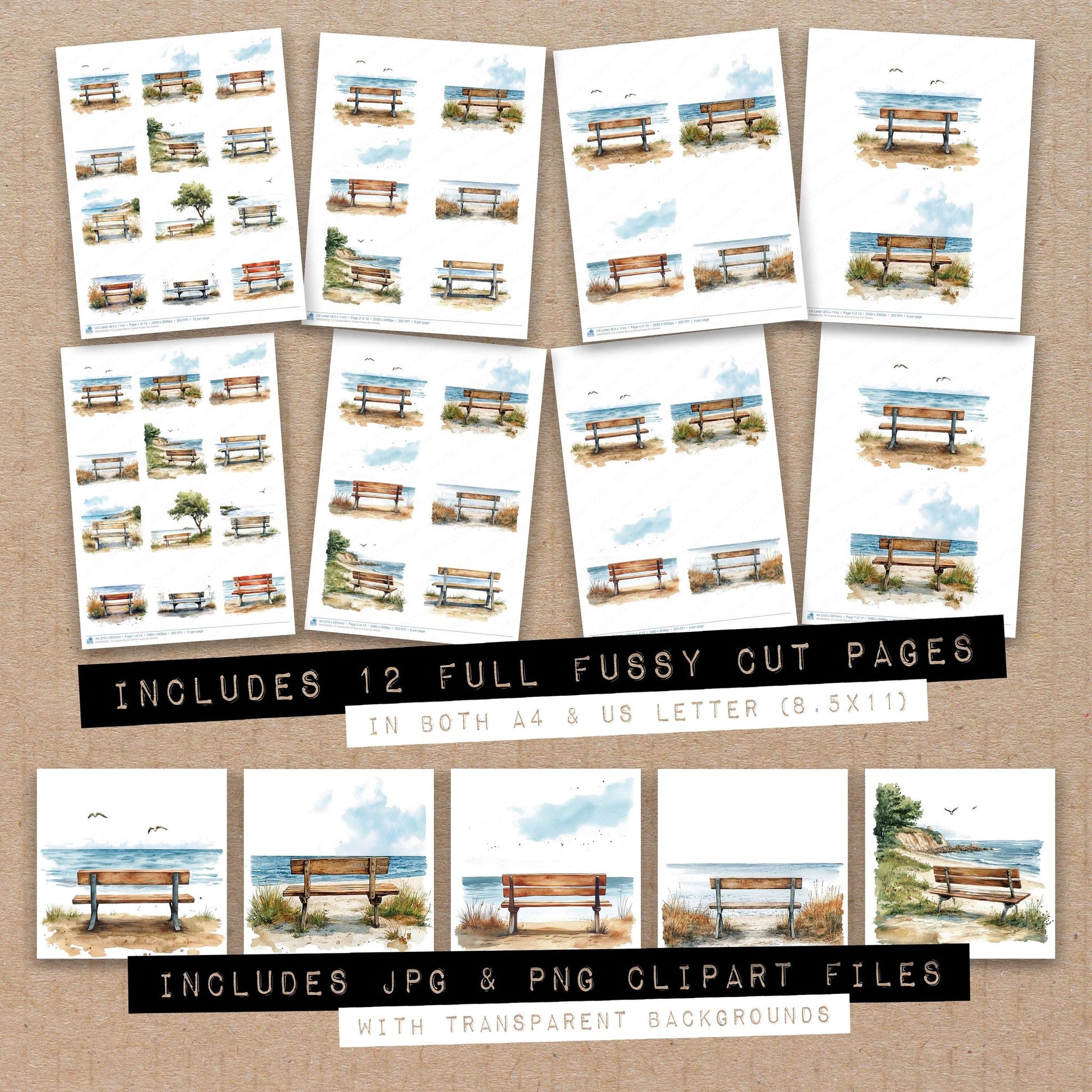 Full collection view of Coastal Bench Scene fussy cut sheets with bonus clipart JPG and PNG files