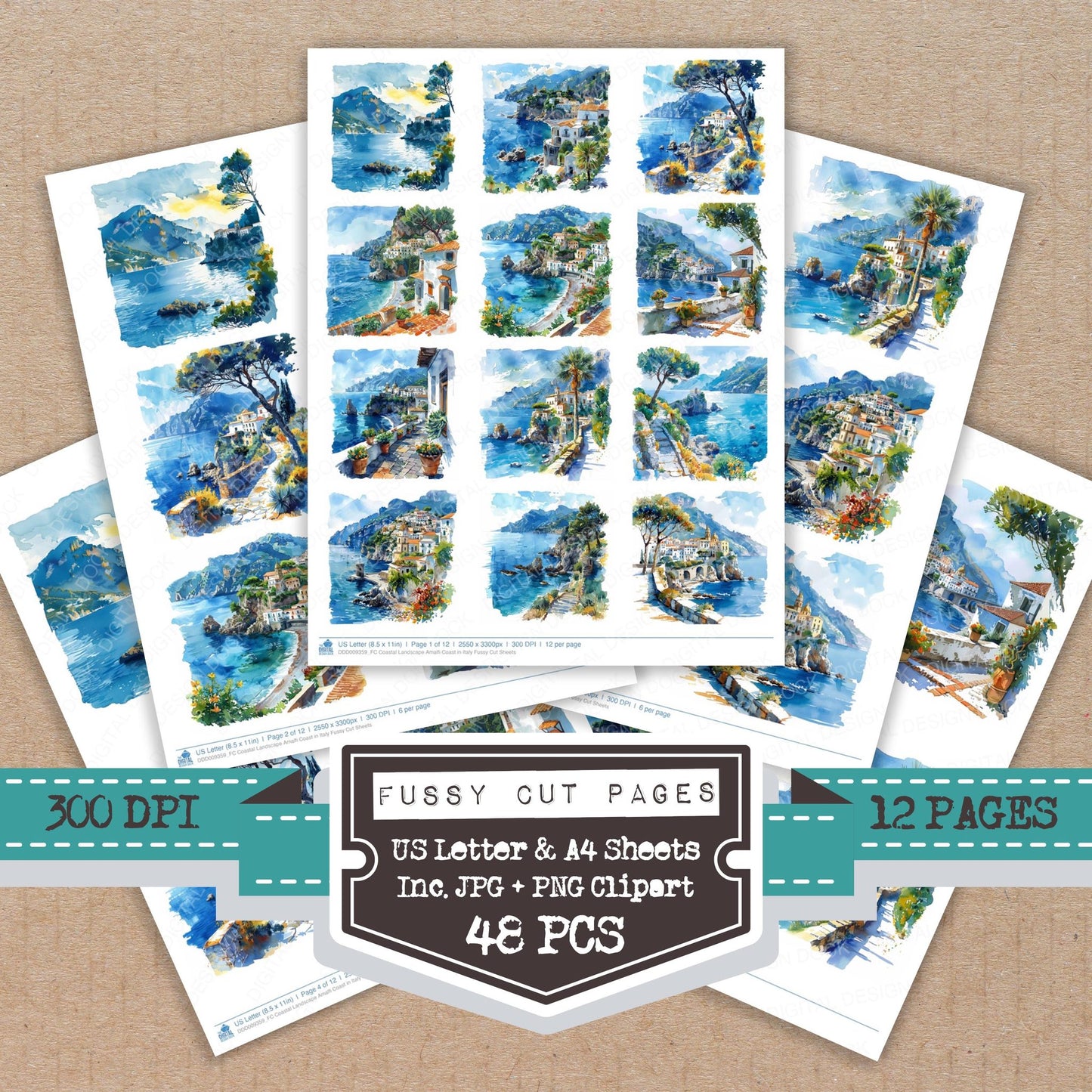 Coastal Landscape Amalfi Coast in Italy fussy cut printable sheets for junk journaling, scrapbooking, and paper craft projects