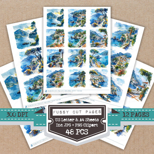 Coastal Landscape Amalfi Coast in Italy fussy cut printable sheets for junk journaling, scrapbooking, and paper craft projects