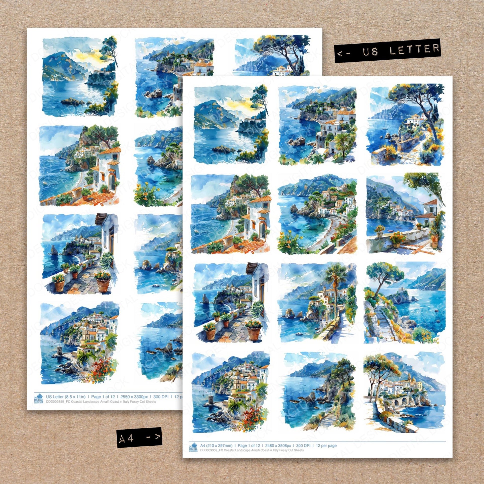 A4 and US Letter format comparison showing Coastal Landscape Amalfi Coast in Italy fussy cut pages for print and cut crafting
