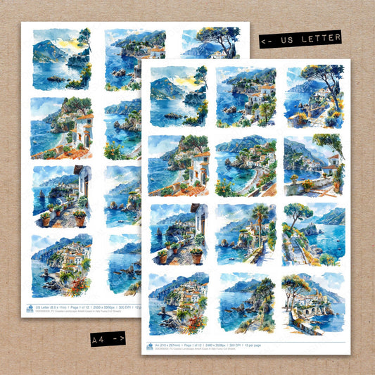 A4 and US Letter format comparison showing Coastal Landscape Amalfi Coast in Italy fussy cut pages for print and cut crafting