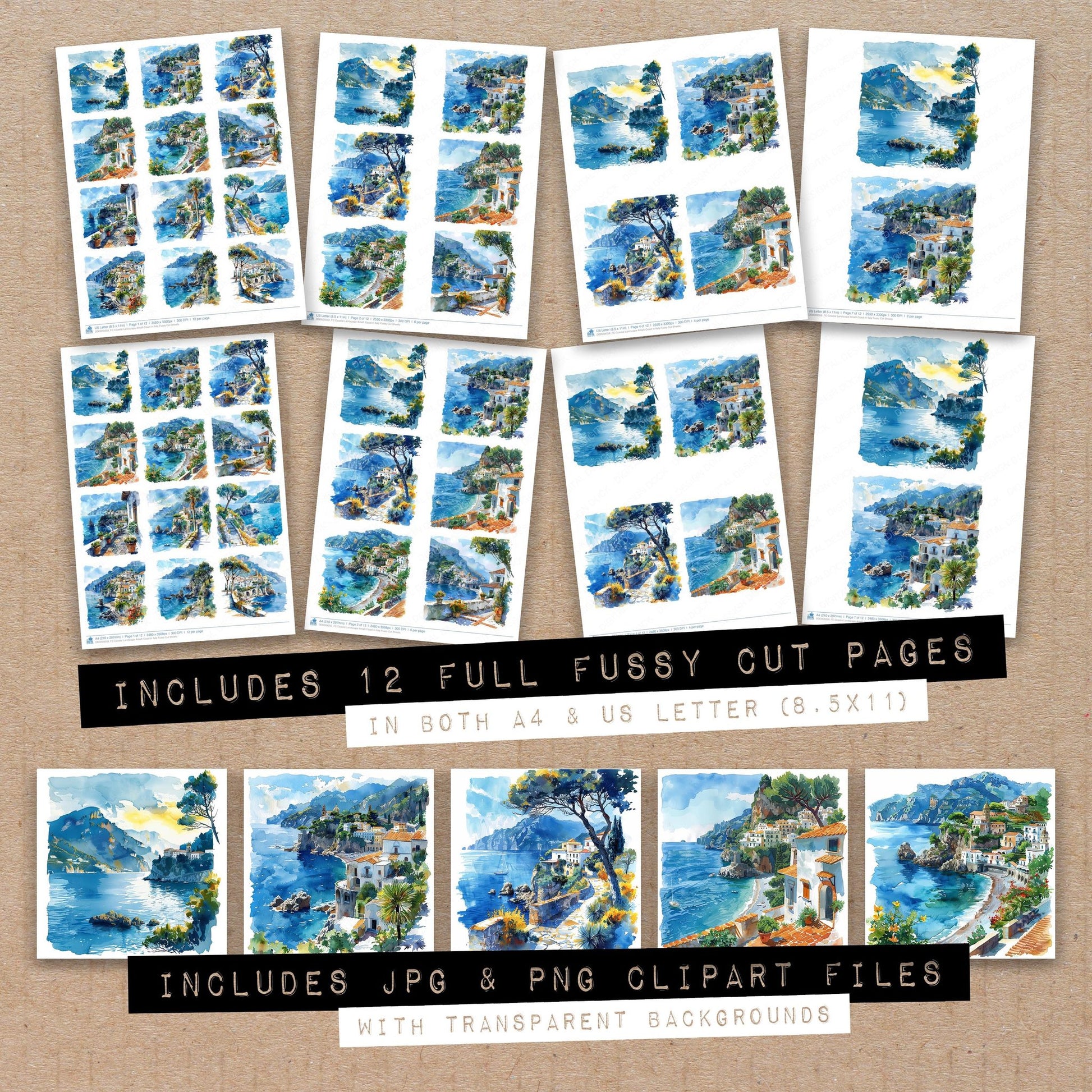 Full collection view of Coastal Landscape Amalfi Coast in Italy fussy cut sheets with bonus clipart JPG and PNG files