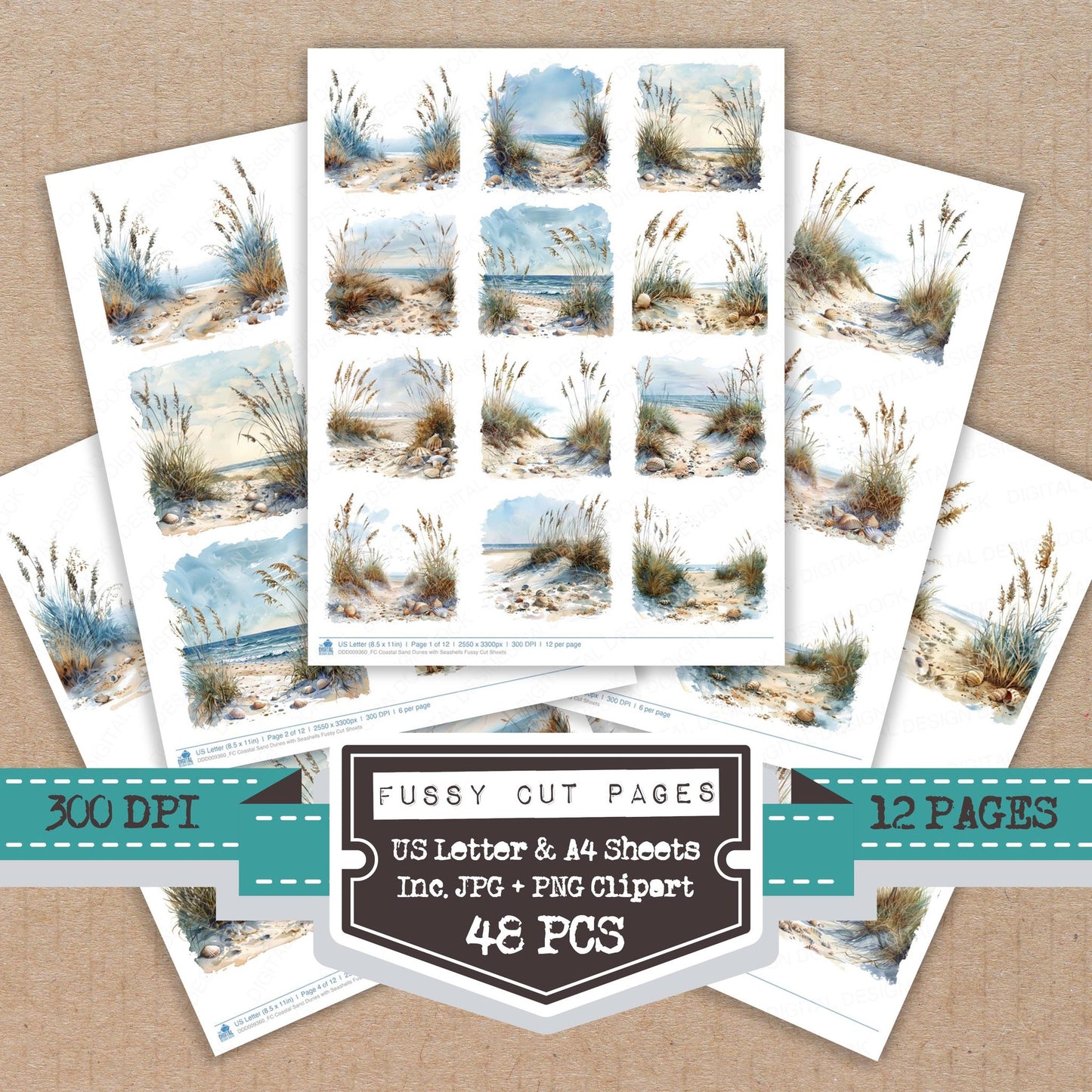 Coastal Sand Dunes with Seashells fussy cut printable sheets for junk journaling, scrapbooking, and paper craft projects