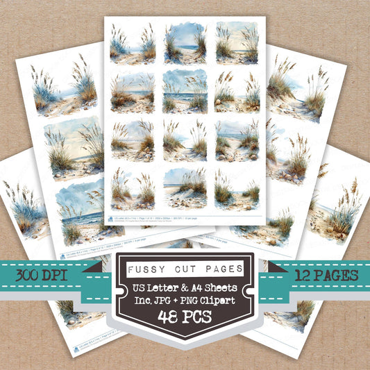 Coastal Sand Dunes with Seashells fussy cut printable sheets for junk journaling, scrapbooking, and paper craft projects