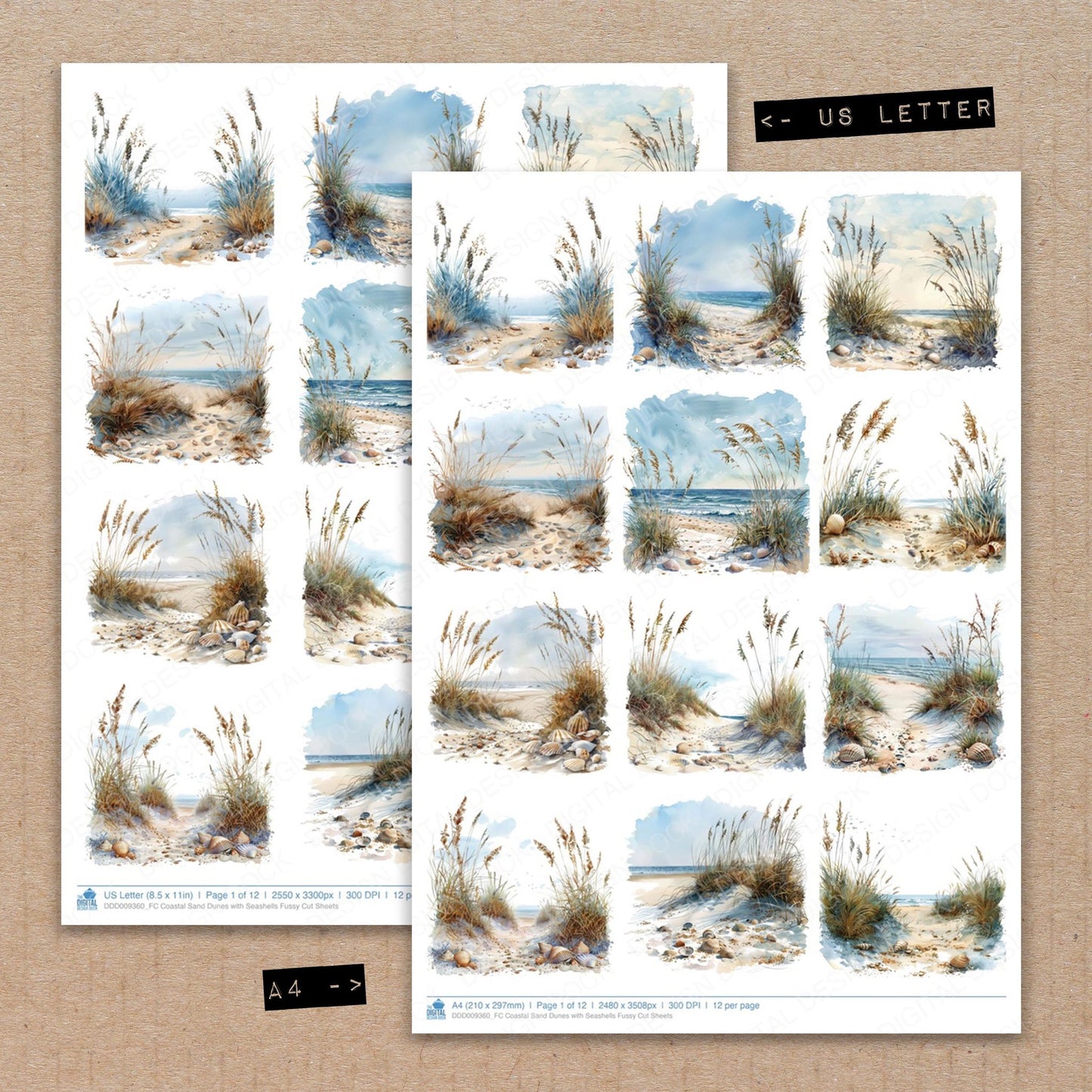 A4 and US Letter format comparison showing Coastal Sand Dunes with Seashells fussy cut pages for print and cut crafting