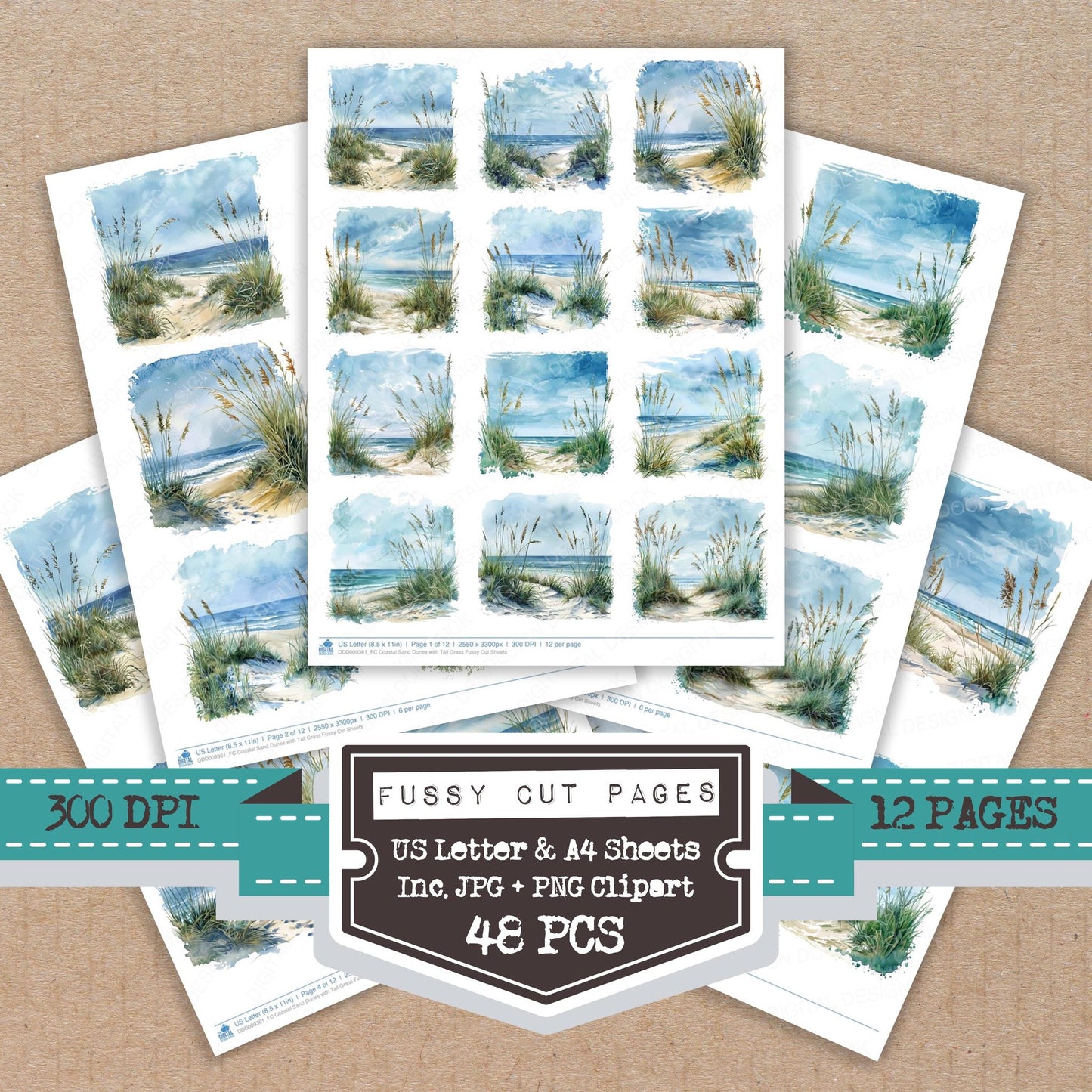 Coastal Sand Dunes with Tall Grass fussy cut printable sheets for junk journaling, scrapbooking, and paper craft projects