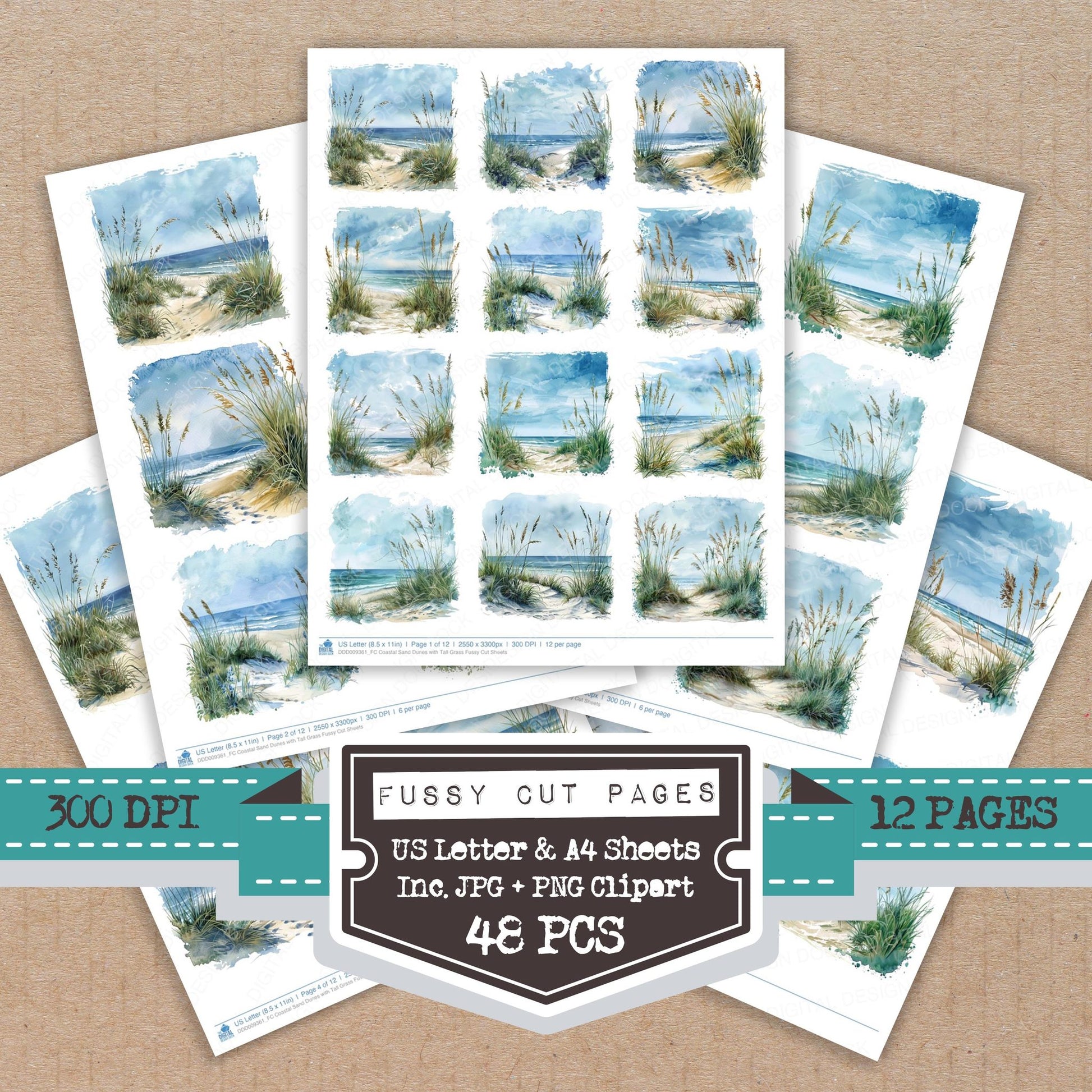 Coastal Sand Dunes with Tall Grass fussy cut printable sheets for junk journaling, scrapbooking, and paper craft projects