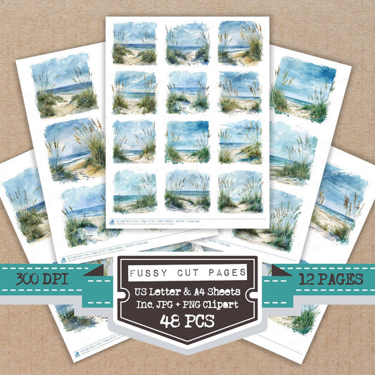 Coastal Sand Dunes with Tall Grass fussy cut printable sheets for junk journaling, scrapbooking, and paper craft projects